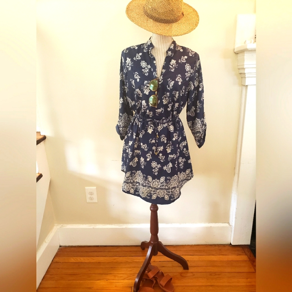 Navy paisley printed shirt dress. Medium.